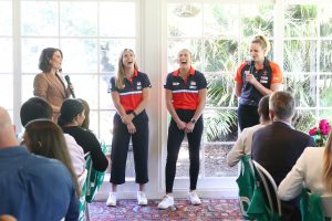 Sydney club captains, Paige Hadley, Maddy Proud and Jo Harten were entertaining the crowd with Kayo presenter, Hannah Hollis. (Photo by Mark Metcalfe/Getty Images for Kayo)