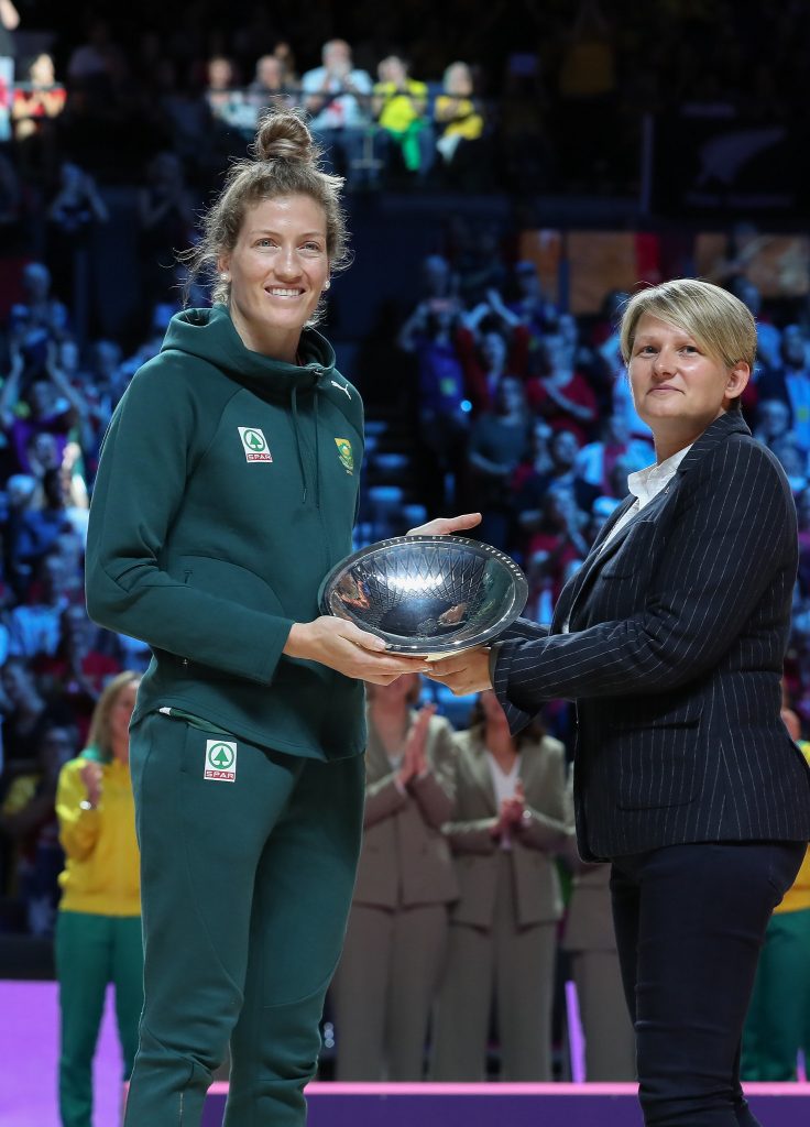 Karla Pretorius receiving Player of the Tournament award at the 2019 Netball World Cup. Image: May Bailey