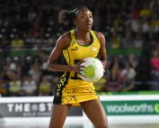 Shanice Beckford looks for the pass during the 2018 Commonwealth Games. Image: Marcela Massey