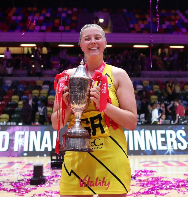 Elle Cardwell with the 2022 Vitality Netball Superleague premiership trophy. Image: Morgan Harlow