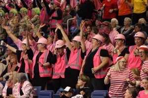 Construction workers, Where's Wally and Pink Ladies were just some of the costumes at the Fast5 World Netball Series. Image: Graeme Laughton-Mutu