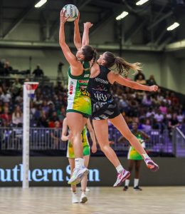 New Zealand's Kate Heffernan applies strong pressure to Nichole Taljaard during the opening match of the Quad Series. Image: Skhu Nkomphela