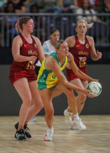 Courtney Bruce collected 8 gains before leaving the court with an injury during Australia's opening Quad Series match. Image: Skhu Nkomphela