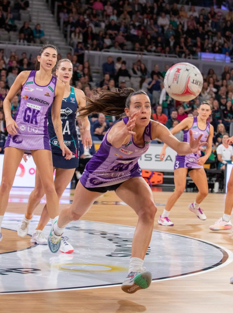 Fresh of being named in the Aussie Diamonds squad, Ruby Bakewell-Doran was on court for her side with 6 gains including 4 intercepts. Image: Kirsten Daley