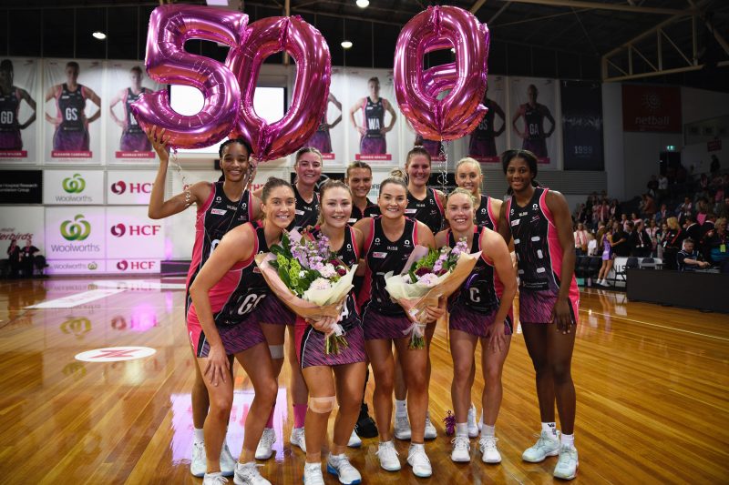 Georgie Horjus and Maisie Nankivell celebrate their 50th National League Matches. Image: Hannah Howarad | On the Ball Media