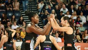 Silver Ferns captain Ameliaranne Ekenasio celebrates with young prodigy Grace Nweke. Image: Nicole Mudgway