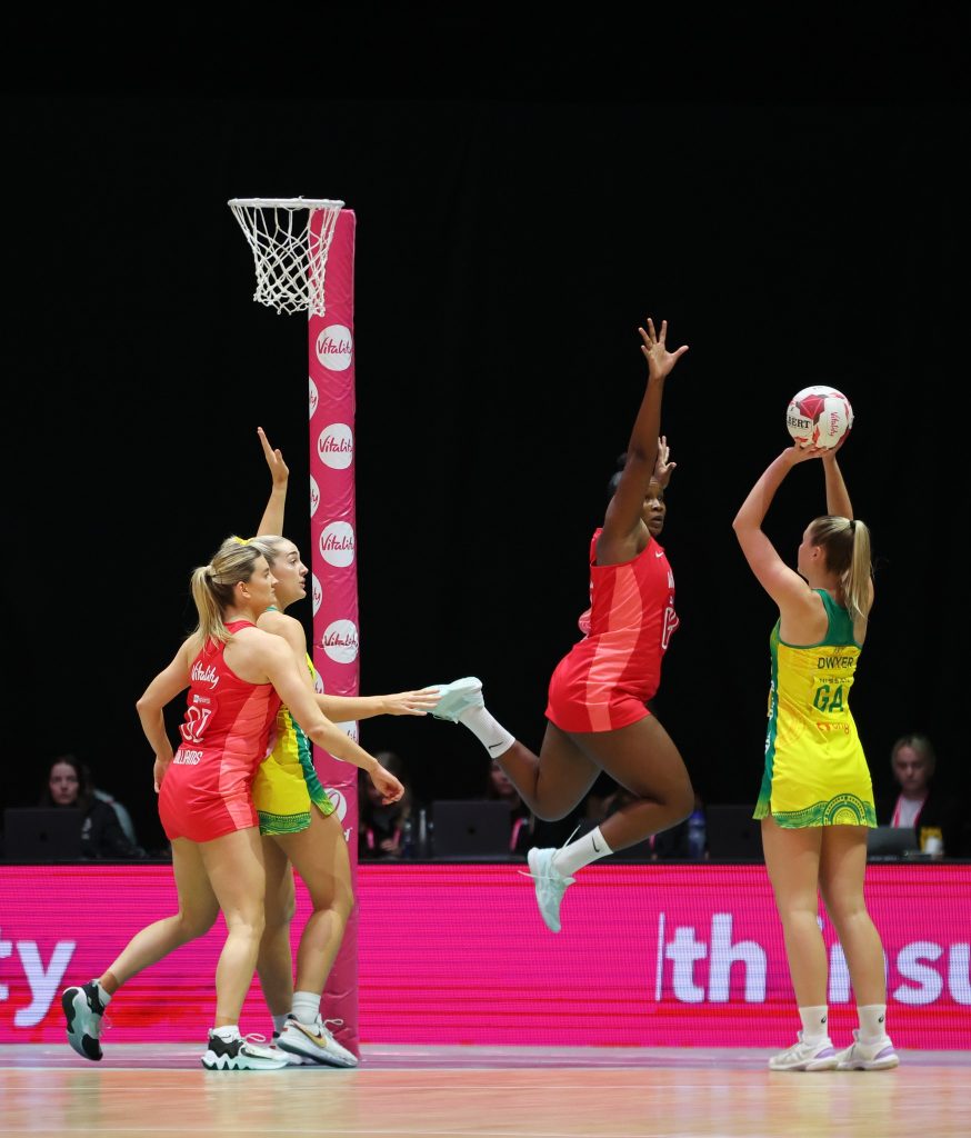 Sophie Dwyer puts up a shot against England defender Razia Quashi during the 2024 Netball Nations Cup. Image: England Netball
