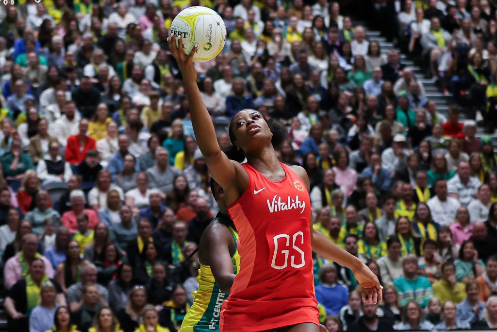 Liv Tchine on full stretch. Photo by May Bailey | Clusterpix Photo via Netball Scoop