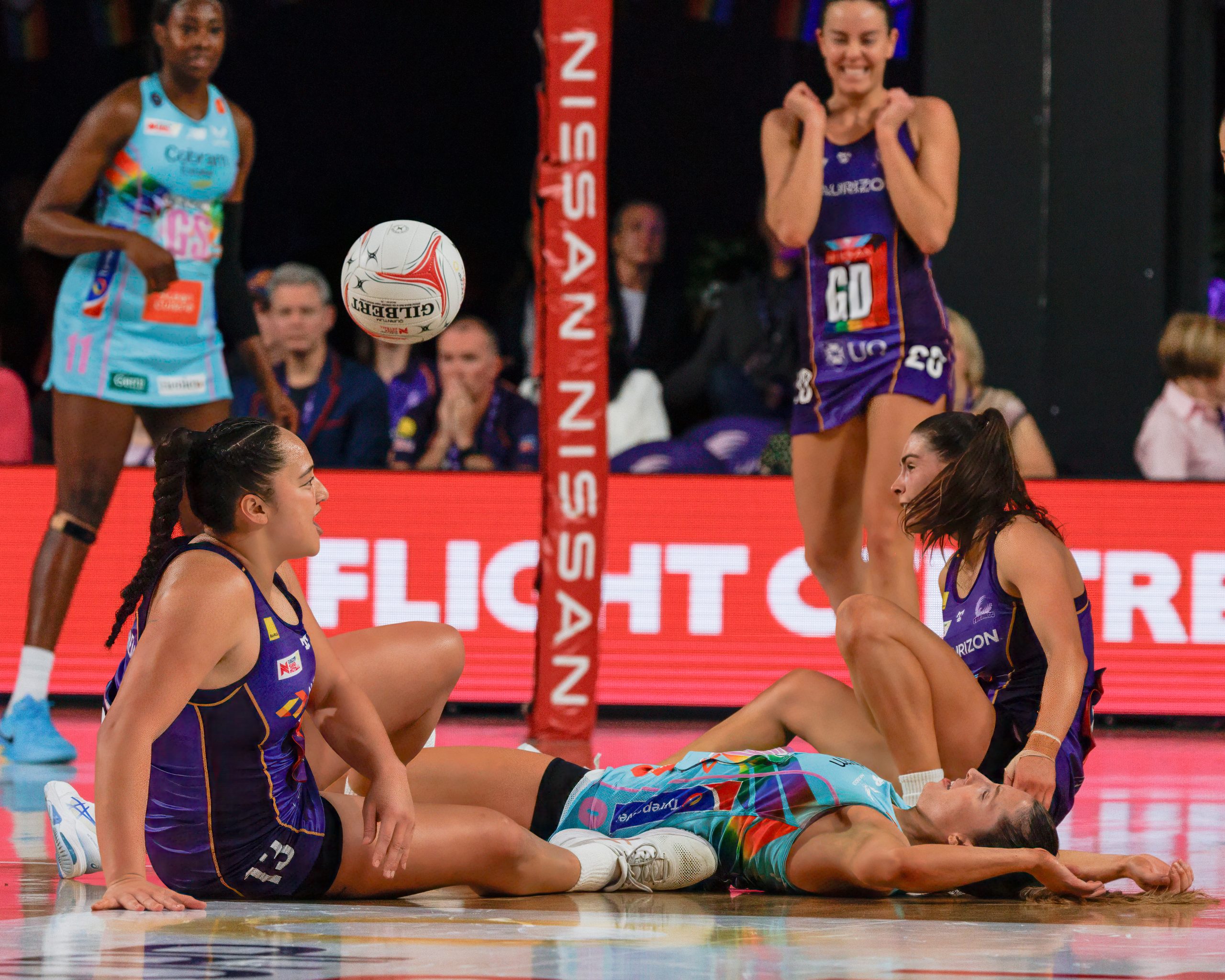'Parmy Sandwich'. Amy Parmenter was left shocked after a heavy collision from Macy Gardner and Abigail Latu Meafou. Image: Kylie de Souza